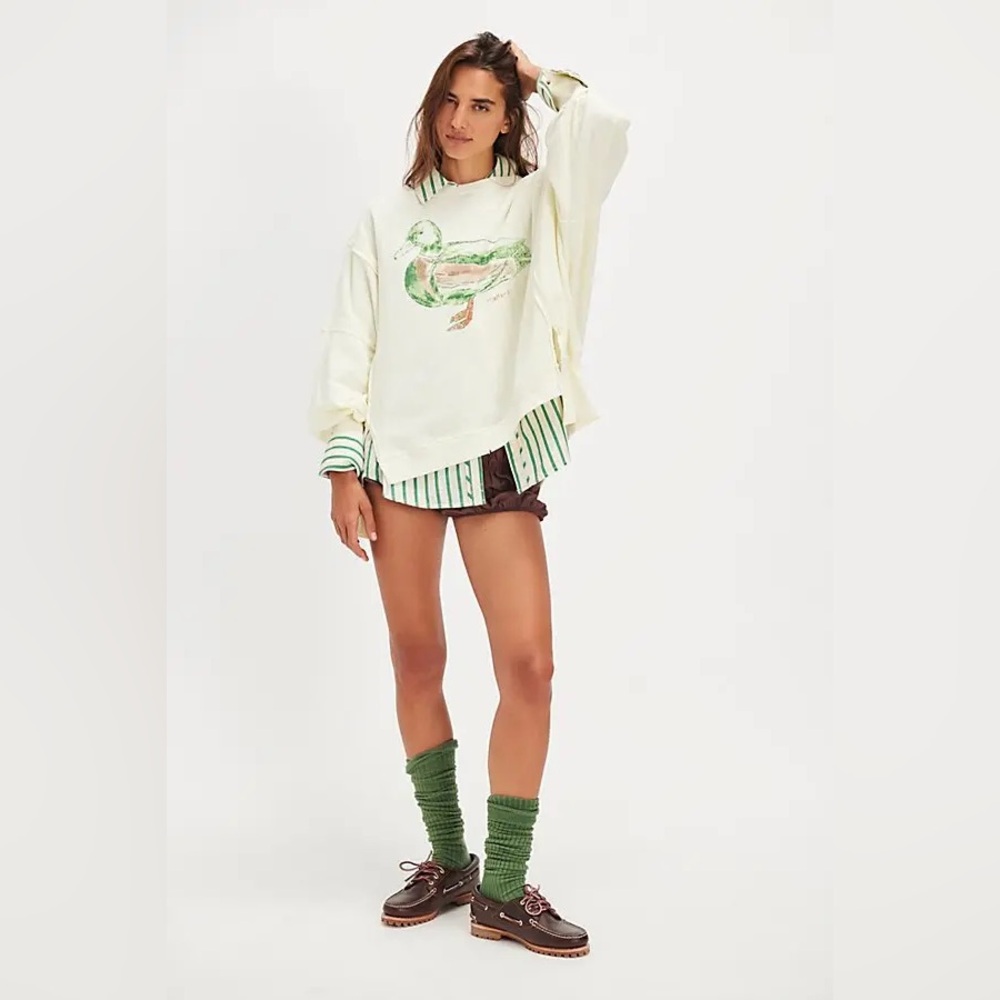 New Free People We The Free Graphic Printed Camden Pullover Mallard Combo sz S - Picture 4 of 9